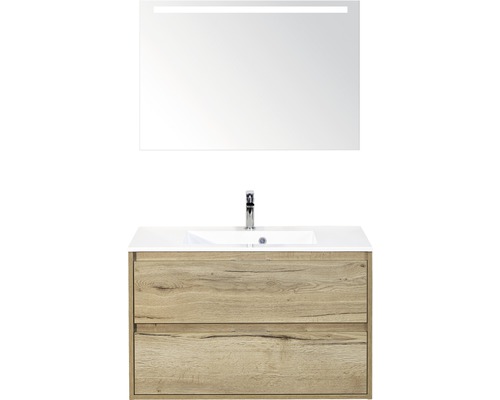 Badmöbel-Set Sanox Porto BxHxT 90 x 170 x 50 cm Frontfarbe eiche natur mit Waschtisch Mineralguss weiß und Waschtischunterschrank Waschtisch Spiegel mit LED-Beleuchtung