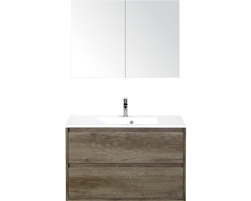 Badmöbel-Set Sanox Porto BxHxT 90 x 170 x 50 cm Frontfarbe nebraska oak mit Waschtisch Mineralguss weiß Badmöbel-Set Sanox Porto BxHxT 90 x 170 x 50 cm Frontfarbe nebraska oak mit Waschtisch Mineralguss weiß
