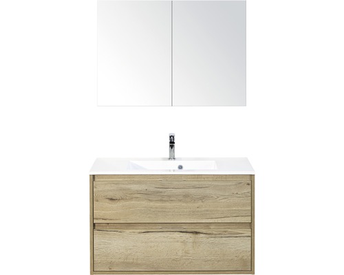 Badmöbel-Set Sanox Porto BxHxT 90 x 170 x 50 cm Frontfarbe eiche natur mit Waschtisch Mineralguss weiß Badmöbel-Set Sanox Porto BxHxT 90 x 170 x 50 cm Frontfarbe eiche natur mit Waschtisch Mineralguss weiß
