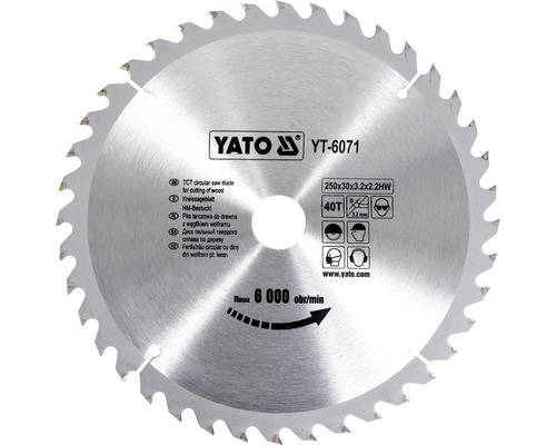 Lame de scie circulaire Yato 250x30x3.2x2.2HW avec 40 dents pour la coupe du bois.