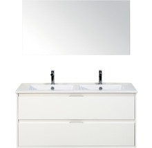 Badmöbel-Set Sanox Porto BxHxT 121 x 170 x 51 cm Frontfarbe weiß hochglanz mit Waschtisch Keramik weiß und Waschtischunterschrank Doppelwaschtisch Spiegel