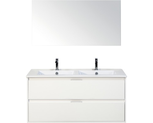 Set de meubles de salle de bains Sanox Porto lxhxp 121 x 170 x 51 cm couleur de façade blanc haute brillance avec vasque céramique blanc et meuble sous vasque vasque double miroir