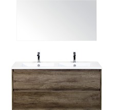 Badmöbel-Set Sanox Porto BxHxT 121 x 170 x 51 cm Frontfarbe nebraska oak mit Waschtisch Keramik weiß und Waschtischunterschrank Doppelwaschtisch Spiegel