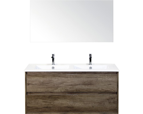 Badmöbel-Set Sanox Porto BxHxT 121 x 170 x 51 cm Frontfarbe nebraska oak mit Waschtisch Keramik weiß und Waschtischunterschrank Doppelwaschtisch Spiegel