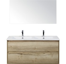 Badmöbel-Set Porto 120 cm mit Doppelwaschtisch Keramik 2 Schubladen und Spiegel Eiche natur