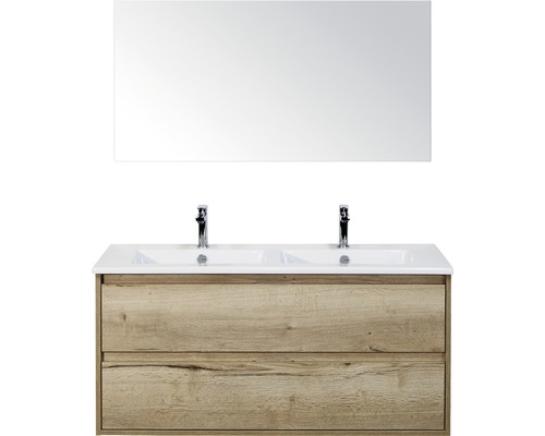 Badmöbel-Set Porto 120 cm mit Doppelwaschtisch Keramik 2 Schubladen und Spiegel Eiche natur Badmöbel-Set Porto 120 cm mit Doppelwaschtisch Keramik 2 Schubladen und Spiegel Eiche natur