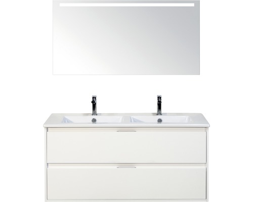 Badmöbelset 3-teilig Doppelbadmöbel Sanox Porto BxHxT 121 x 170 x 51 cm Frontfarbe weiß hochglanz mit Waschtisch Keramik weiß und Waschtischunterschrank Doppelwaschtisch Spiegel mit LED-Beleuchtung 84730101