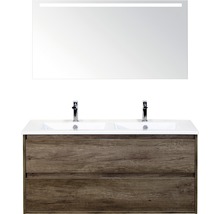 Badmöbelset 3-teilig Doppelbadmöbel Sanox Porto BxHxT 121 x 170 x 51 cm Frontfarbe nebraska oak mit Waschtisch Keramik weiß und Waschtischunterschrank Doppelwaschtisch Spiegel mit LED-Beleuchtung 84730124