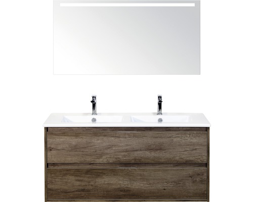 Badmöbelset 3-teilig Doppelbadmöbel Sanox Porto BxHxT 121 x 170 x 51 cm Frontfarbe nebraska oak mit Waschtisch Keramik weiß und Waschtischunterschrank Doppelwaschtisch Spiegel mit LED-Beleuchtung 84730124