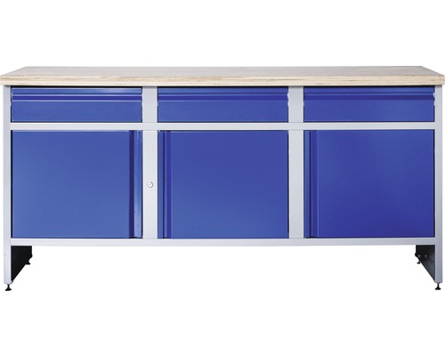 Werkbank Industrial B 1.0 1770 x 880 x 700 mm 3 Türen 3 Schubladen grau/blau Werkbank mit Holzplatte, Schubladen und Schränken