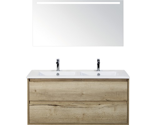 Set de meubles de salle de bains Sanox Porto lxhxp 121 x 170 x 51 cm couleur de façade chêne naturel avec vasque céramique blanc et meuble sous vasque vasque double miroir avec éclairage LED