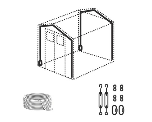 Abbildung eines Gewächshausrahmens mit Zubehör wie Seil, Spannschlössern und Klemmen