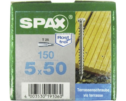 Emballage de vis de terrasse Spax, 5x50 mm, 150 pièces, acier inoxydable