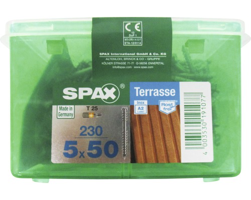 Vis de terrasse Spax 5x50 millimètres, 230 pièces, en acier inoxydable A2, inoxydable, Made in Germany