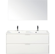 Badmöbel-Set Sanox Porto BxHxT 120 x 170 x 50 cm Frontfarbe weiß hochglanz mit Waschtisch Mineralguss weiß und Mineralguss-Doppelwaschtisch Waschtischunterschrank Spiegel