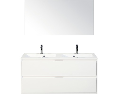Badmöbel-Set Sanox Porto BxHxT 120 x 170 x 50 cm Frontfarbe weiß hochglanz mit Waschtisch Mineralguss weiß und Mineralguss-Doppelwaschtisch Waschtischunterschrank Spiegel