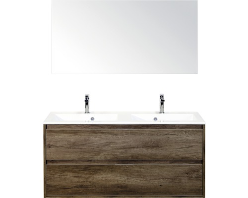Badmöbel-Set Sanox Porto BxHxT 120 x 170 x 50 cm Frontfarbe nebraska oak mit Waschtisch Mineralguss weiß und Mineralguss-Doppelwaschtisch Waschtischunterschrank Spiegel
