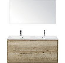 Badmöbel-Set Sanox Porto BxHxT 120 x 170 x 50 cm Frontfarbe eiche natur mit Waschtisch Mineralguss weiß und Mineralguss-Doppelwaschtisch Waschtischunterschrank Spiegel