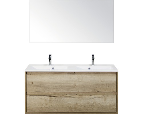 Badmöbel-Set Sanox Porto BxHxT 120 x 170 x 50 cm Frontfarbe eiche natur mit Waschtisch Mineralguss weiß und Mineralguss-Doppelwaschtisch Waschtischunterschrank Spiegel