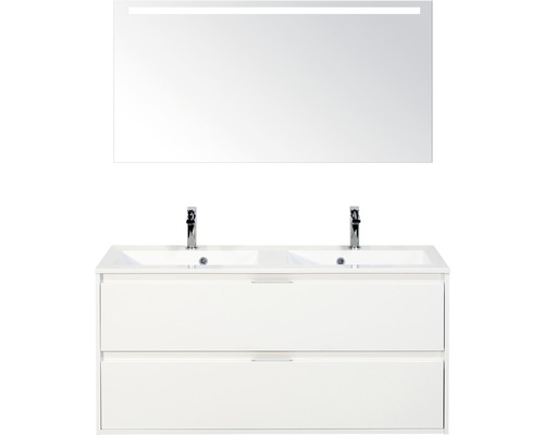 Badmöbel-Set Sanox Porto BxHxT 120 x 170 x 50 cm Frontfarbe weiß hochglanz mit Waschtisch Mineralguss weiß und Mineralguss-Doppelwaschtisch Waschtischunterschrank Spiegelschrank mit LED-Beleuchtung
