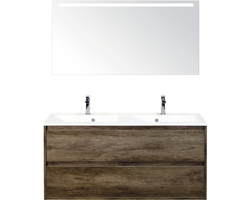 Badmöbel-Set Sanox Porto BxHxT 120 x 170 x 50 cm Frontfarbe nebraska oak mit Waschtisch Mineralguss weiß und Mineralguss-Doppelwaschtisch Waschtischunterschrank Spiegelschrank mit LED-Beleuchtung