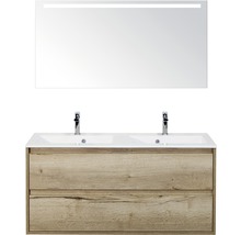 Badmöbel-Set Sanox Porto BxHxT 120 x 170 x 50 cm Frontfarbe eiche natur mit Waschtisch Mineralguss weiß und Mineralguss-Doppelwaschtisch Waschtischunterschrank Spiegelschrank mit LED-Beleuchtung