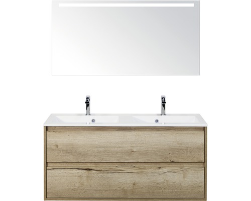 Set de meubles de salle de bains Sanox Porto lxhxp 120 x 170 x 50 cm couleur de façade chêne naturel avec vasque en fonte minérale blanc et vasque double en fonte minérale meuble sous vasque armoire de toilette avec éclairage LED