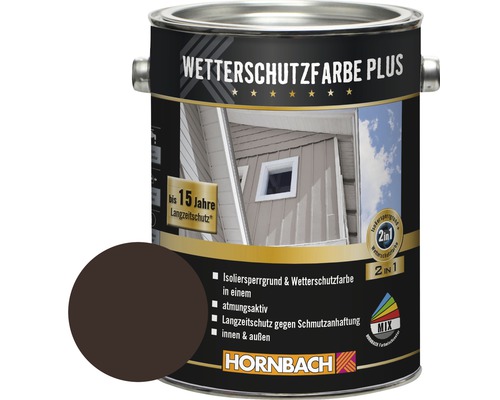 Peinture pour bois HORNBACH anti-intempéries Plus marron foncé 2,5 l Peinture de protection contre les intempéries Plus dans un seau métallique avec échantillon de couleur et logo Hornbach