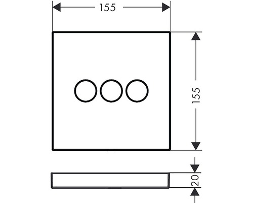 Schéma technique d''une rosace carrée avec trois trous, dimensions 155 x 155 x 20 millimètres.
