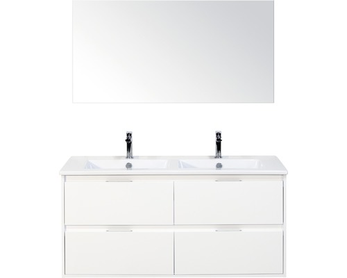 Badmöbel-Set Porto 120 cm mit Doppelwaschtisch Keramik 4 Schubladen und Spiegel weiß hochglanz Badmöbel-Set Porto 120 cm mit Doppelwaschtisch Keramik 4 Schubladen und Spiegel weiß hochglanz