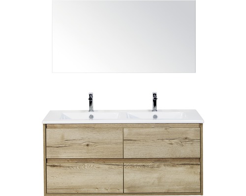 Badmöbel-Set Porto 120 cm mit Doppelwaschtisch Keramik 4 Schubladen und Spiegel Eiche natur Badmöbel-Set Porto 120 cm mit Doppelwaschtisch Keramik 4 Schubladen und Spiegel Eiche natur