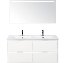 Badmöbelset 3-teilig Doppelbadmöbel Sanox Porto BxHxT 121 x 170 x 51 cm Frontfarbe weiß hochglanz mit Waschtisch Keramik weiß und Waschtischunterschrank Doppelwaschtisch Spiegel mit LED-Beleuchtung 84731301