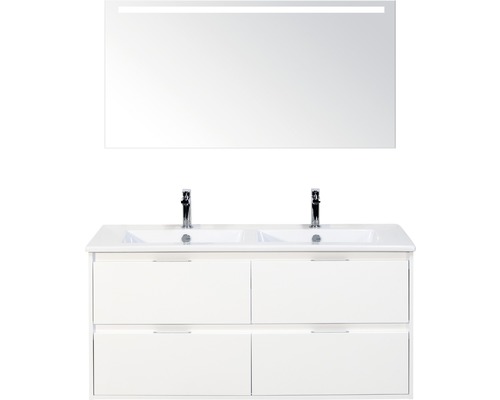 Set de meubles de salle de bains Sanox Porto lxhxp 121 x 170 x 51 cm couleur de façade blanc haute brillance avec vasque céramique blanc et meuble sous vasque vasque double miroir avec éclairage LED