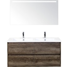 Badmöbelset 3-teilig Doppelbadmöbel Sanox Porto BxHxT 121 x 170 x 51 cm Frontfarbe nebraska oak mit Waschtisch Keramik weiß und Waschtischunterschrank Doppelwaschtisch Spiegel mit LED-Beleuchtung 84731324