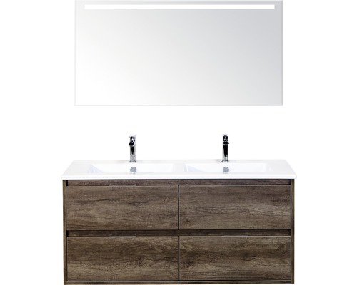 Set de meubles de salle de bains Sanox Porto lxhxp 121 x 170 x 51 cm couleur de façade nebraska oak avec vasque céramique blanc et meuble sous vasque vasque double miroir avec éclairage LED