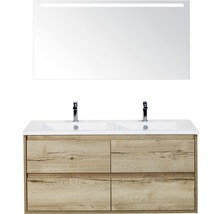 Badmöbelset 3-teilig Doppelbadmöbel Sanox Porto BxHxT 121 x 170 x 51 cm Frontfarbe eiche natur mit Waschtisch Keramik weiß und Waschtischunterschrank Doppelwaschtisch Spiegel mit LED-Beleuchtung 84731327