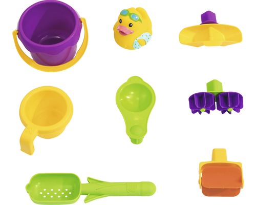 Spielzeugsandkasten mit Eimer, Schaufel und Gießkanne