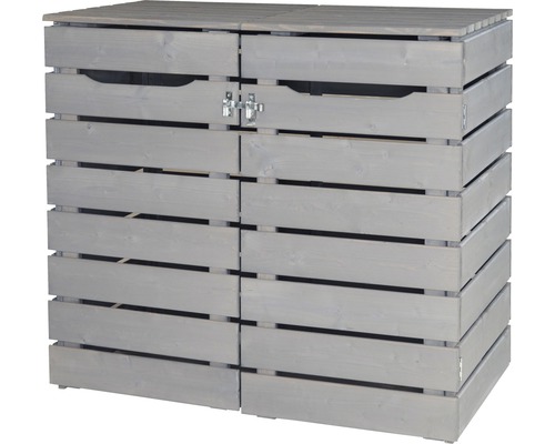 Graue Doppel Mülltonnenbox aus Holz mit abschließbarem Verschluss