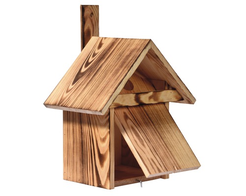 Niche en bois pour oiseaux avec porte ouverte