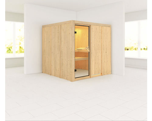 Sauna modulaire Karibu Rodina sans poêle et couronne avec porte vitrée coloris bronze