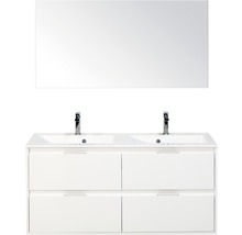 Badmöbel-Set Sanox Porto BxHxT 120 x 170 x 50 cm Frontfarbe weiß hochglanz mit Waschtisch Mineralguss weiß und Waschtischunterschrank Doppelwaschtisch Spiegel
