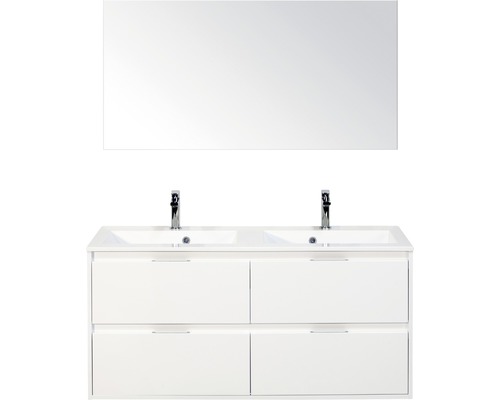 Set de meubles de salle de bains Sanox Porto lxhxp 120 x 170 x 50 cm couleur de façade blanc haute brillance avec vasque en fonte minérale blanc et meuble sous vasque vasque double miroir