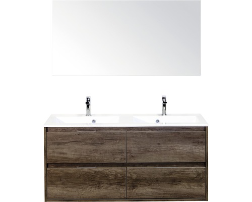 Badmöbel-Set Sanox Porto BxHxT 120 x 170 x 50 cm Frontfarbe nebraska oak mit Waschtisch Mineralguss weiß und Waschtischunterschrank Doppelwaschtisch Spiegel