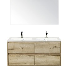 Badmöbel-Set Sanox Porto BxHxT 120 x 170 x 50 cm Frontfarbe eiche natur mit Waschtisch Mineralguss weiß und Waschtischunterschrank Doppelwaschtisch Spiegel