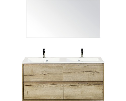 Badmöbel-Set Sanox Porto BxHxT 120 x 170 x 50 cm Frontfarbe eiche natur mit Waschtisch Mineralguss weiß und Waschtischunterschrank Doppelwaschtisch Spiegel