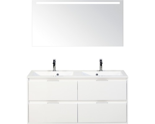 Badmöbel-Set Sanox Porto BxHxT 120 x 170 x 50 cm Frontfarbe weiß hochglanz mit Waschtisch Mineralguss weiß und Waschtischunterschrank Doppelwaschtisch Spiegel mit LED-Beleuchtung