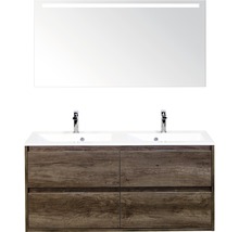 Badmöbel-Set Sanox Porto BxHxT 120 x 170 x 50 cm Frontfarbe nebraska oak mit Waschtisch Mineralguss weiß und Waschtischunterschrank Doppelwaschtisch Spiegel mit LED-Beleuchtung