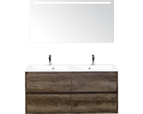 Set de meubles de salle de bains Sanox Porto lxhxp 120 x 170 x 50 cm couleur de façade nebraska oak avec vasque en fonte minérale blanc et meuble sous vasque vasque double miroir avec éclairage LED