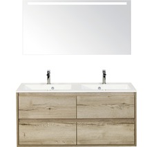 Badmöbel-Set Sanox Porto BxHxT 120 x 170 x 50 cm Frontfarbe eiche natur mit Waschtisch Mineralguss weiß und Waschtischunterschrank Doppelwaschtisch Spiegel mit LED-Beleuchtung