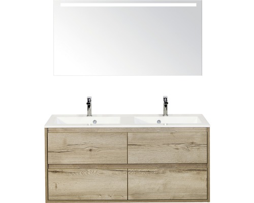 Set de meubles de salle de bains Sanox Porto lxhxp 120 x 170 x 50 cm couleur de façade chêne naturel avec vasque en fonte minérale blanc et meuble sous vasque vasque double miroir avec éclairage LED